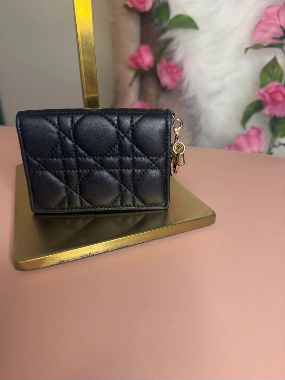 Christian Dior Cannage Lambskin Quilted Black Leather Mini Wallet w/Gold Charms